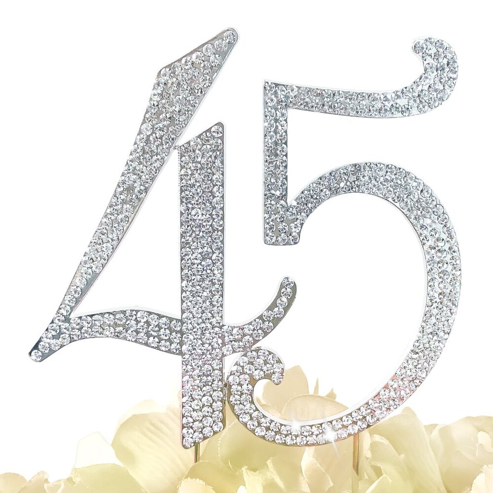 Rhinestone Cake Topper - Number 45 - Silver Metal with Czech Rhinestones